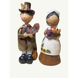 Thanksgiving Pilgrim Couple Figurines Holding Turkey & Harvest Baskets